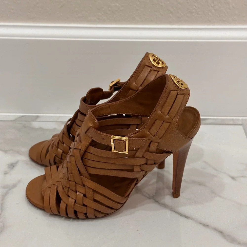 Tory Burch Nadia Brown Woven All Leather Logo 4